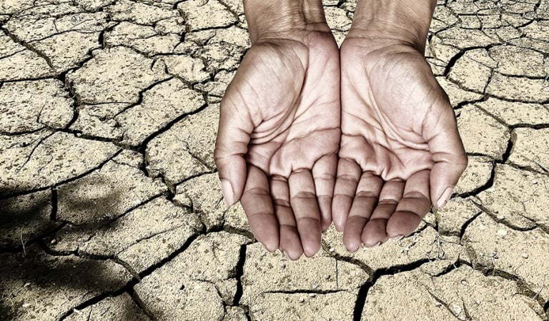 Pleading empty hands from above on dry parched ground