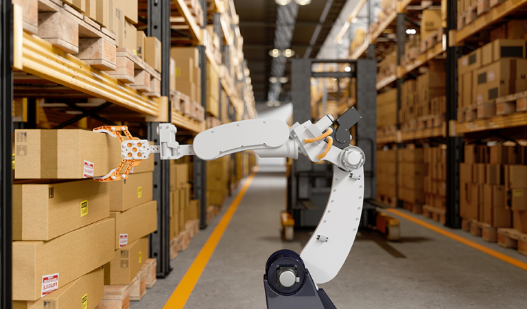 Robotic Arm Taking A Cardboard Box In The Warehouse